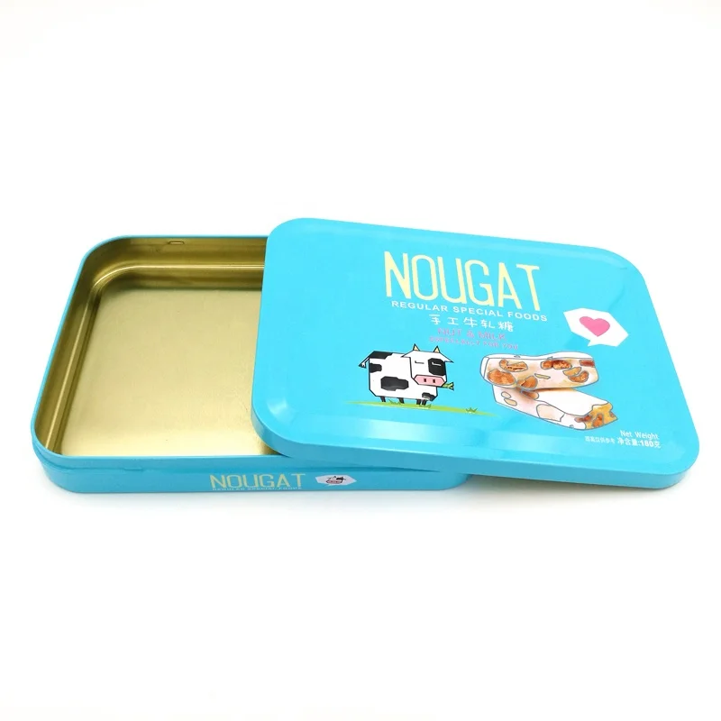 Recycled material rectangle custom printed nougat candy packaging metal box