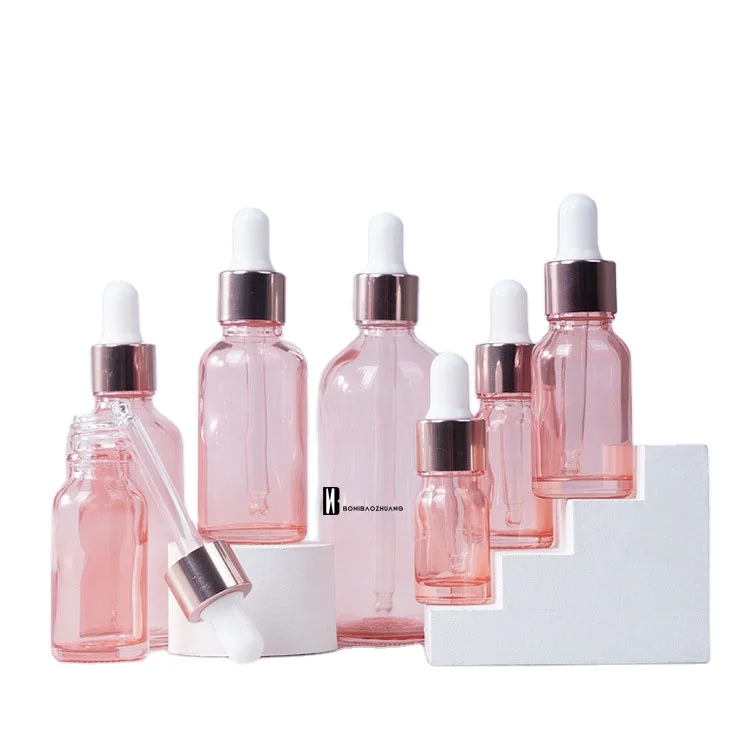 
In stock 5ml 10ml 15ml 20ml 30ml round glass dropper bottle pink For Cosmetic Essential Oil Bottle Rose Gold cap 
