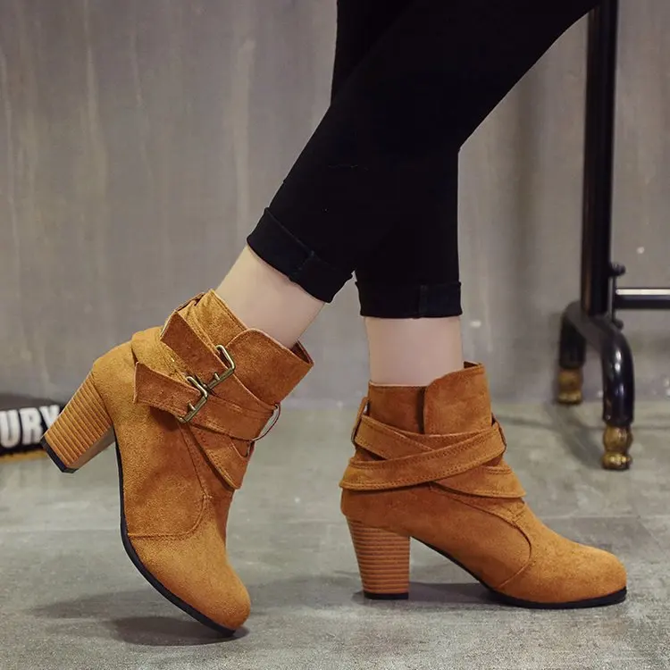 Ботинки женские на высоком каблуке ботильоны из искусственной кожи платформе с пряжкой модная обувь