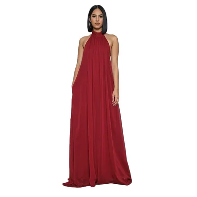 Elegant Holiday Chiffon Jumpsuits Halter Sleeveless High Waist Women Wide Leg Playsuit Open Back Pleated Rompers Cami Jumpsuit