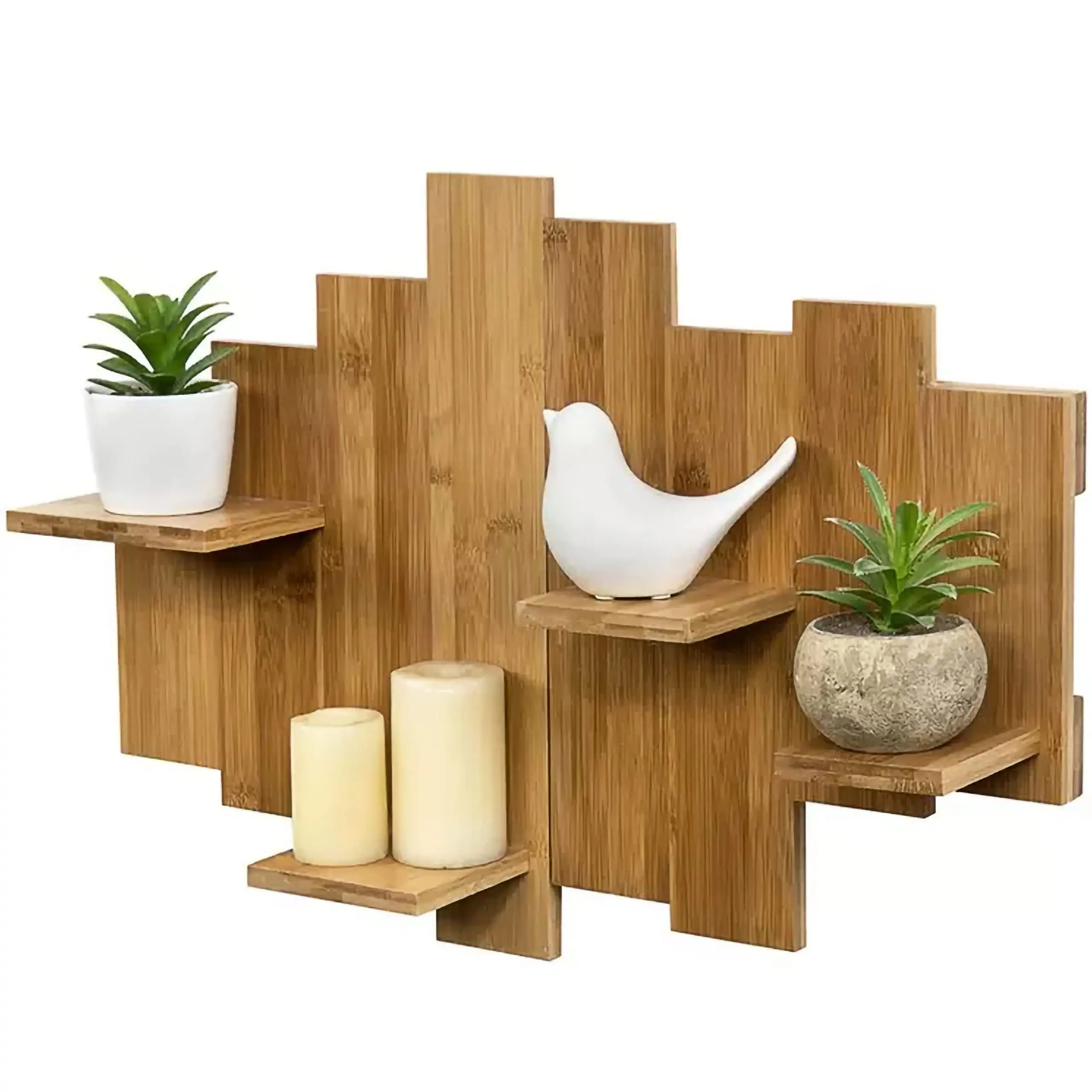 Easy-to-Assemble Natural Bamboo Brown Floating Wall Shelves for Bedrooms and Living Rooms with Brackets