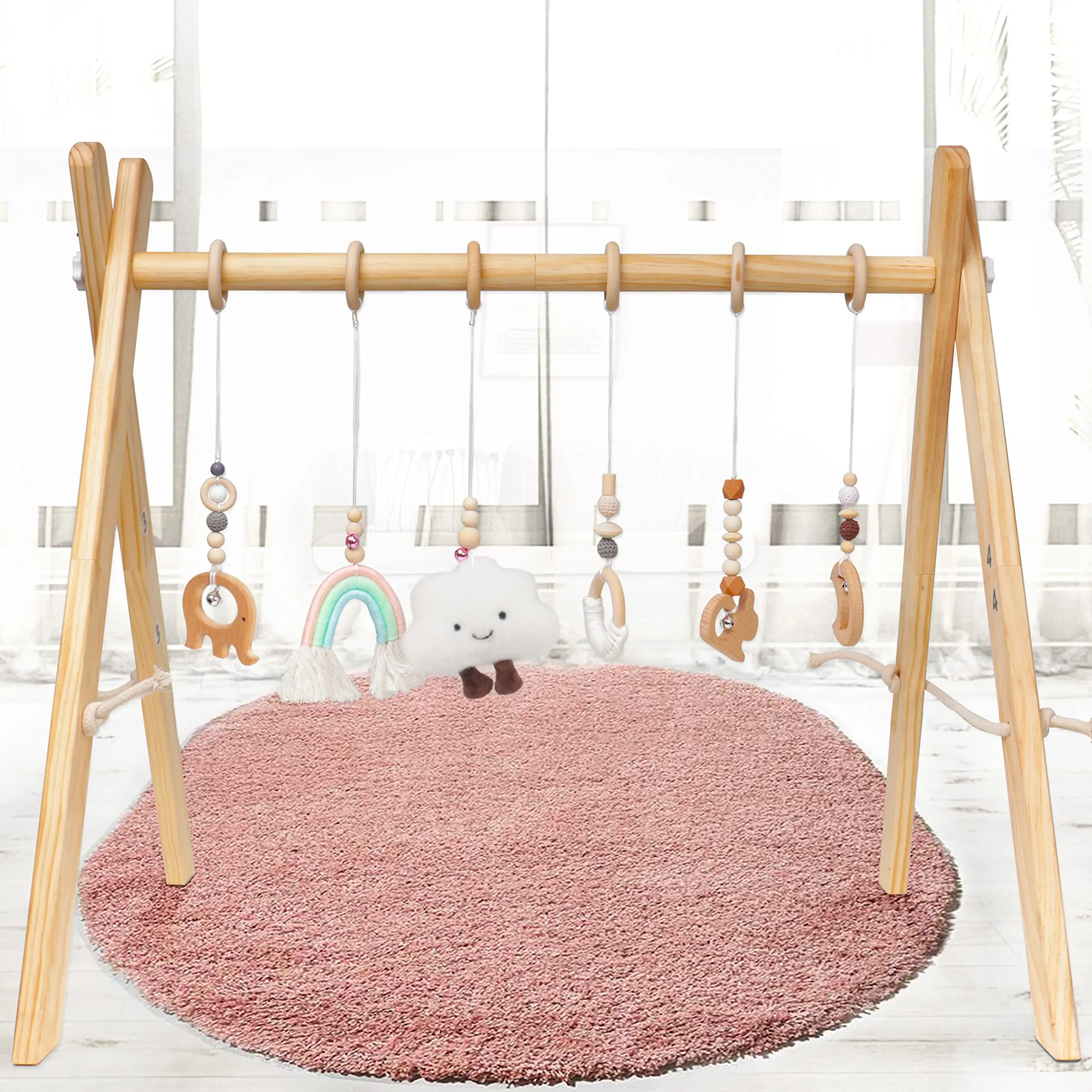 6 IN 1 Activity Easy to Assemble Wooden Baby Play Gym Toys Foldable Frame Hanging Bar,Toddler Activity Center with Pull Ring
