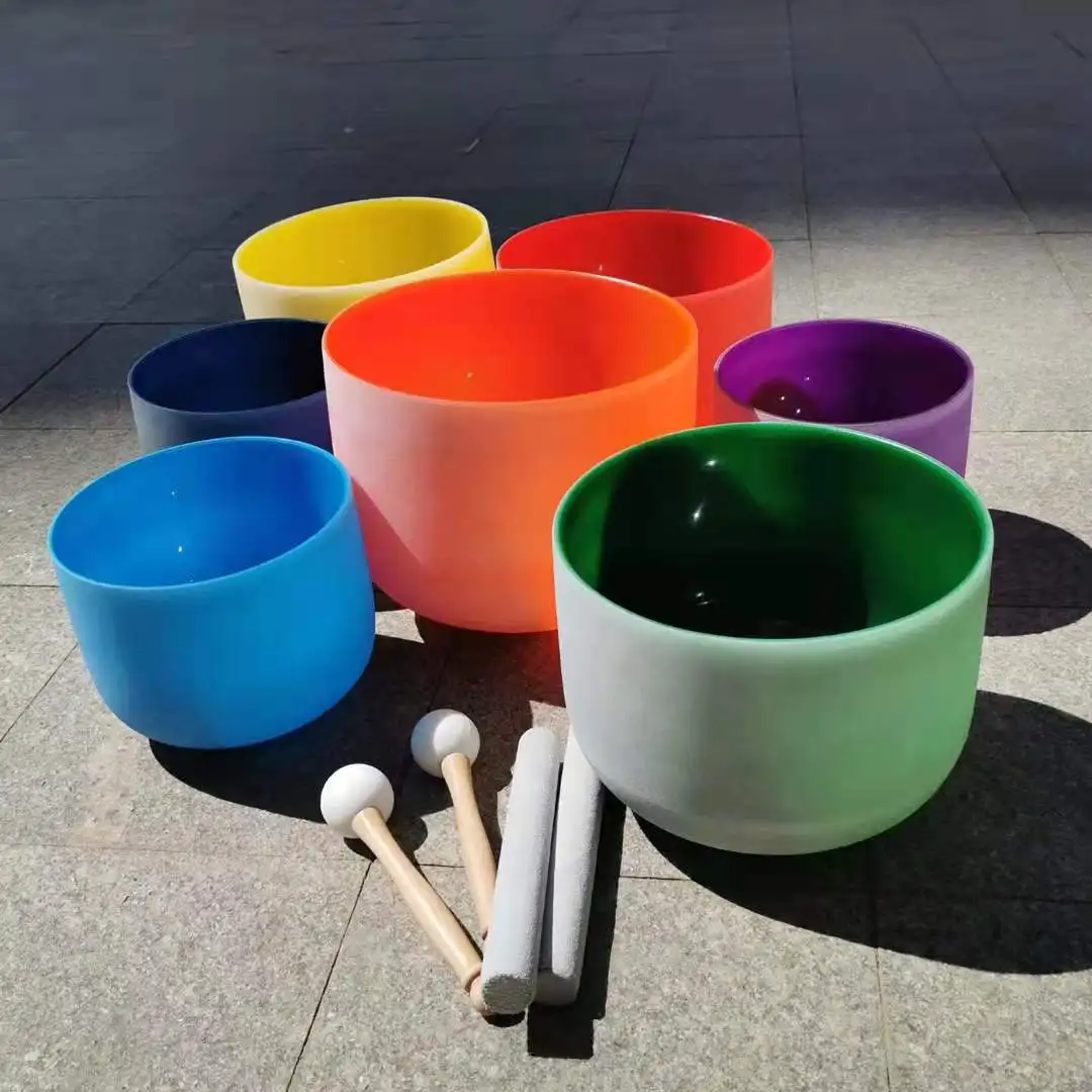8-14 Inch 7Pcs Chakra Colored Frosted Quartz Crystal Singing Bowls Set Note CDEFGAB With 2PCS Free Bags For Meditation