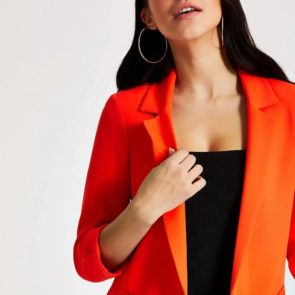 Women & Ladies New Designs Orange Casual Office Jacket Turn up Sleeve Single Breasted blazer Front Welt Pockets