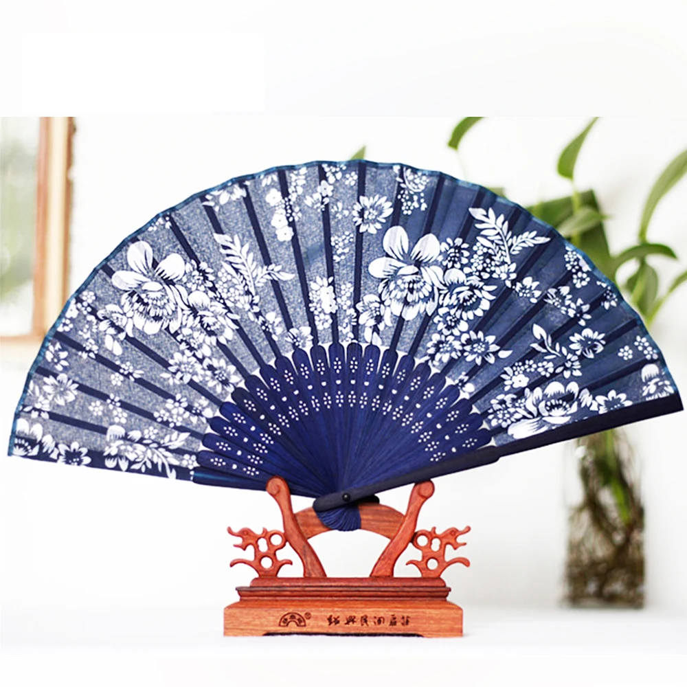 Orchid Printed Silk Bamboo Ribs Folding Hand Fan Dark Blue