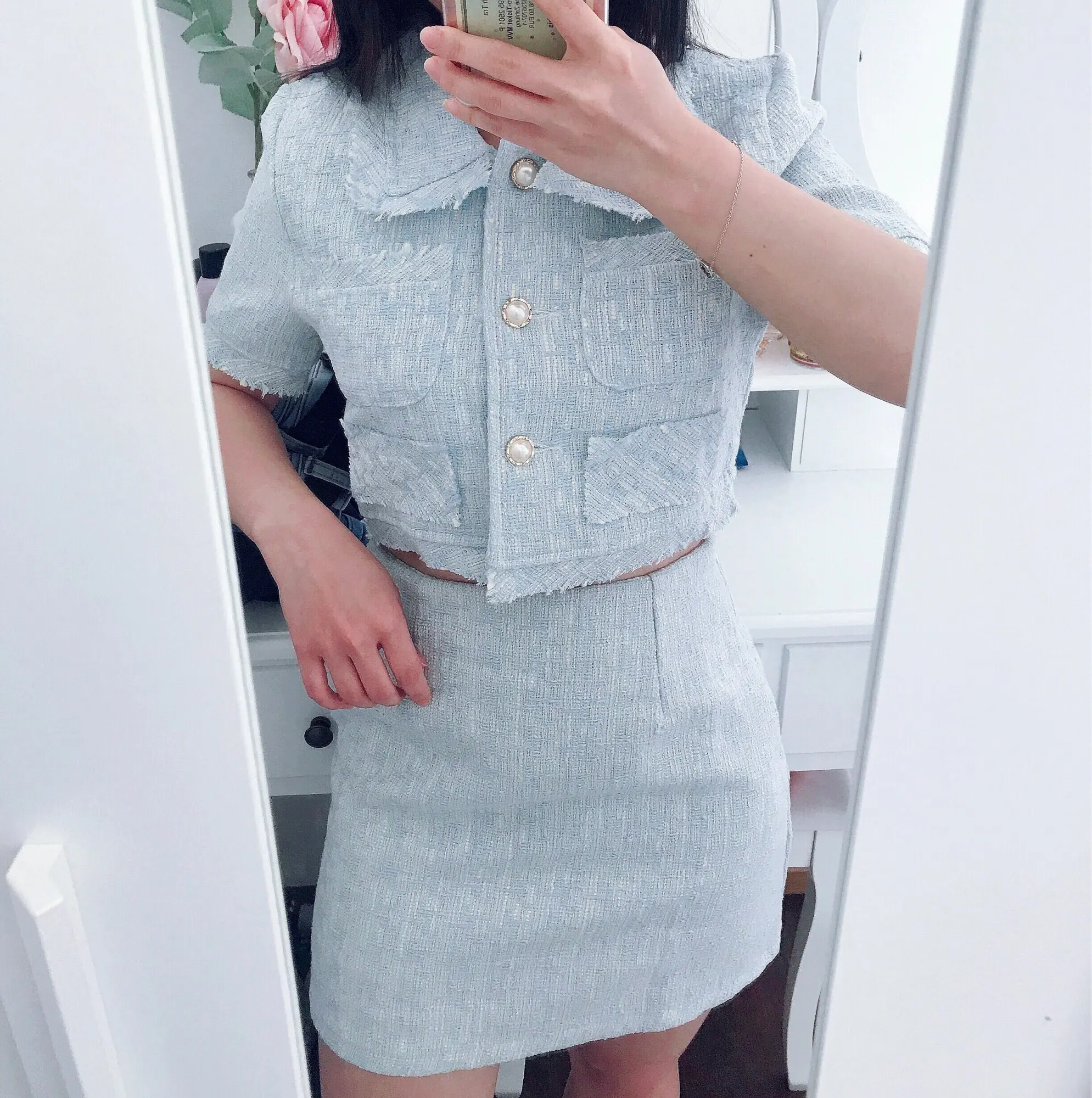 Korean Skirt Suit O-neck Puff Sleeve Shirt Coat Slim Bodycon Mini Skirts Set Korean Temperament Tweed 2 Piece Set Women