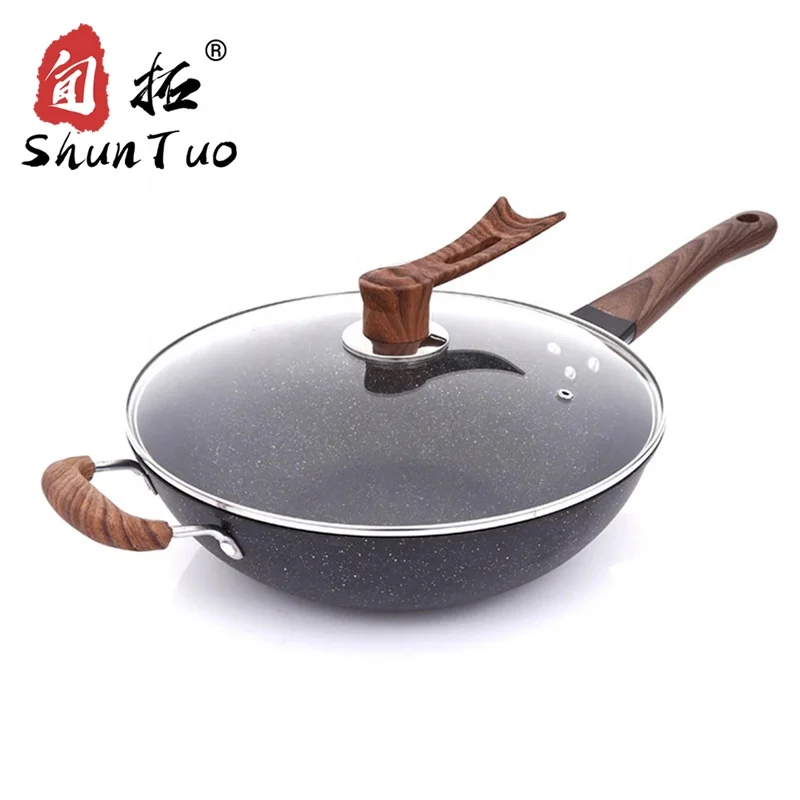 
5 layer composite bottom granite coating pre seasoned korean non-stick Refined iron hand made enamel frying cooking wok 