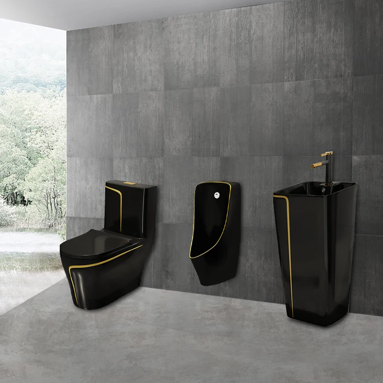 Factory Supply Bathroom WC S-Trap One Piece Ceramic Toilet Bowl And Column Basin Black Toilet Set