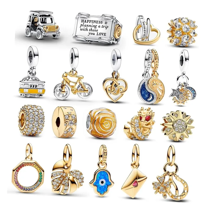 Luxury 925 Sterling Silver Sparkling Monstera Leaf & Two-tone Spinning Wheels Bicycle For Gold Dangle Charm Fit Pandora Bracelet