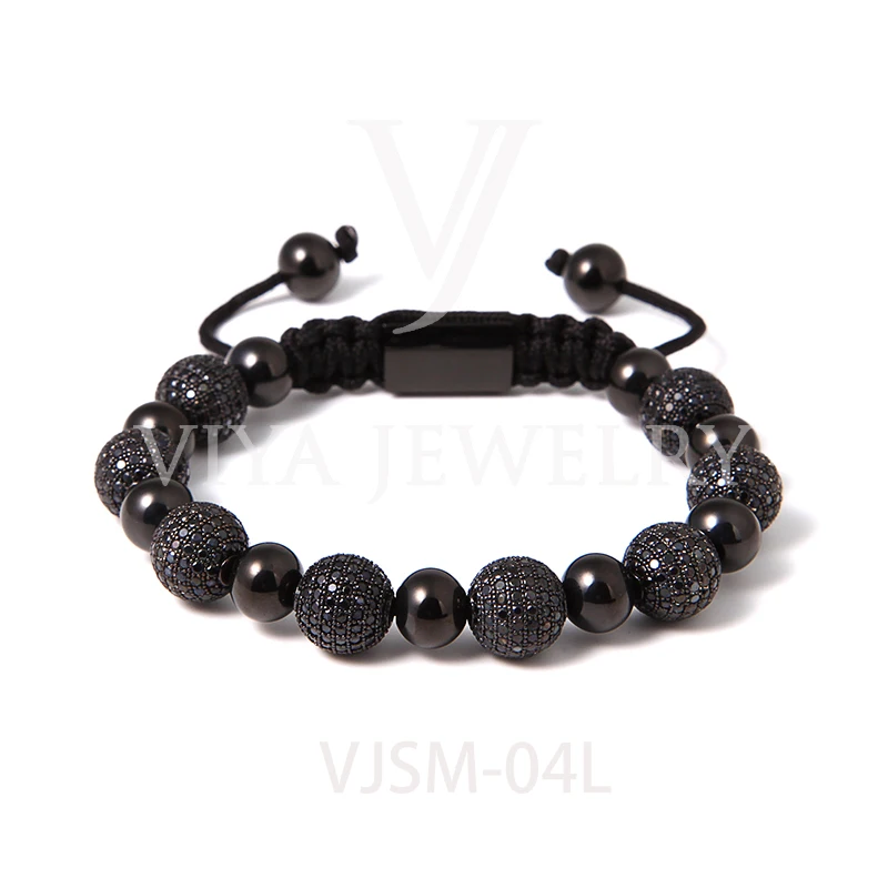 New Arrival Luxury Hand Jewelry 10mm Brass Bead Micro Zircon Pave Braided Men Beads Bracelet