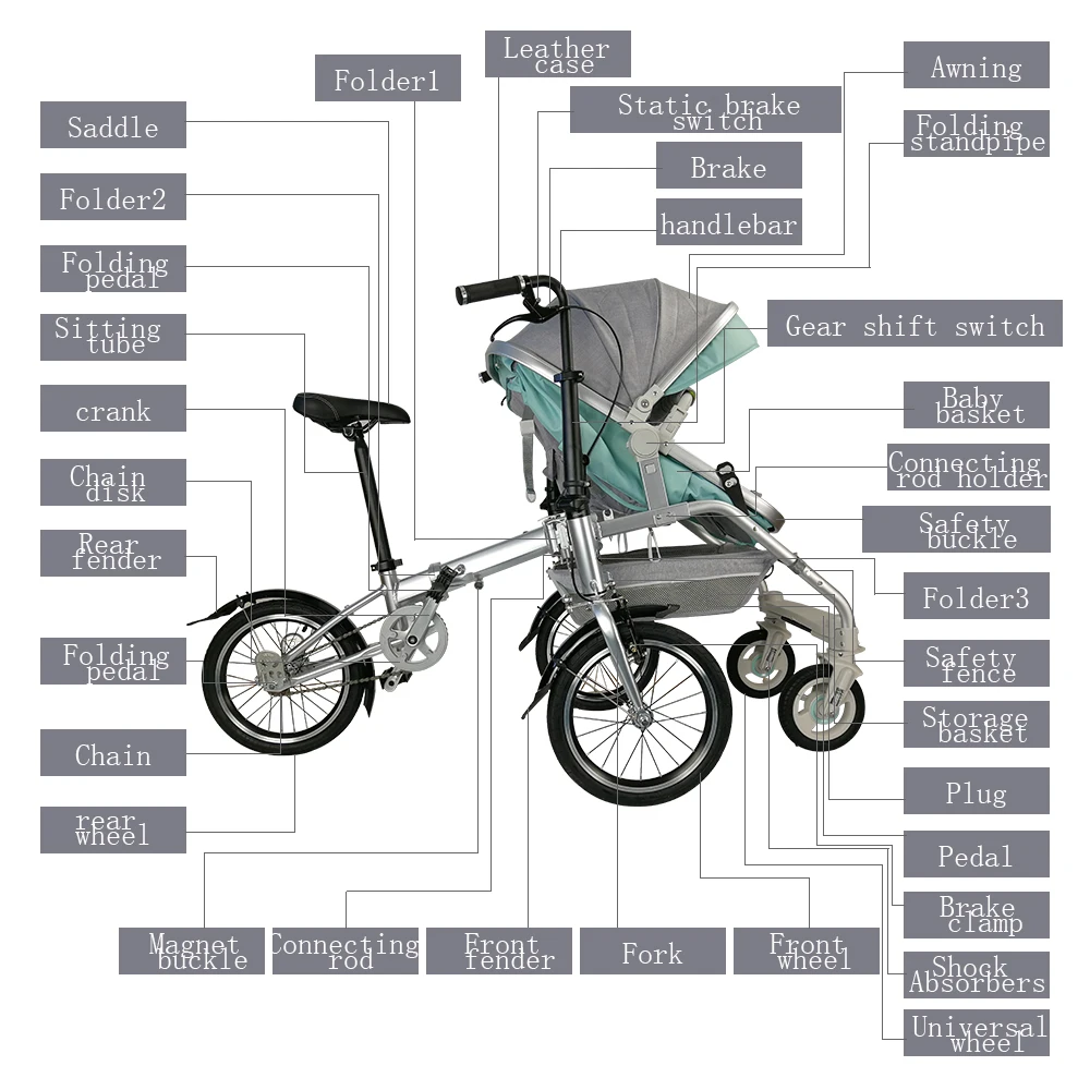 Recreational Parent-child Folding Bicycle Cruiser bike Pedicab for Mother & Baby, Parent-child Bike, 2 in 1 Baby Stroller