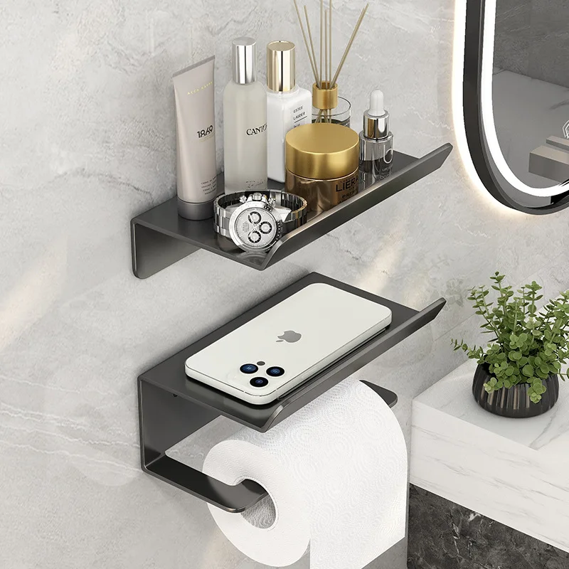 Toilet Paper Holder Bathroom Self-Adhesive No Drill Aluminum Tissue Rack With Bar and Shelf Roll Paper Phone Holder Rack