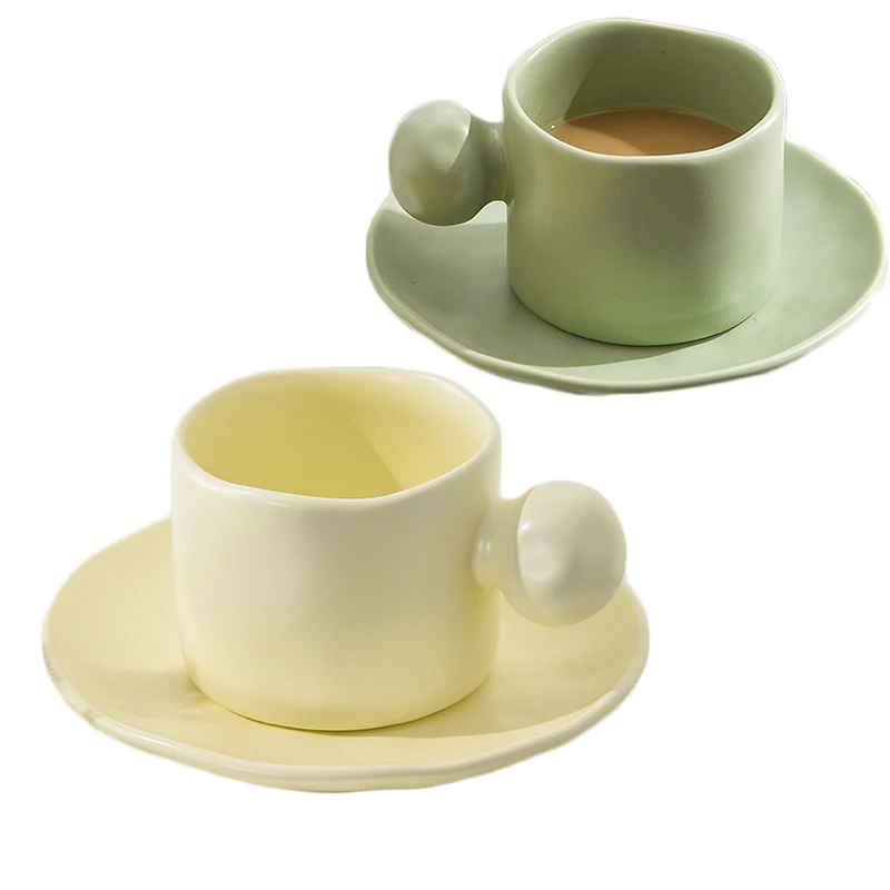 retro ceramic coffee mug and saucer set  beige/green Simple Vintage Coffee Mug With 3D Ball Handle