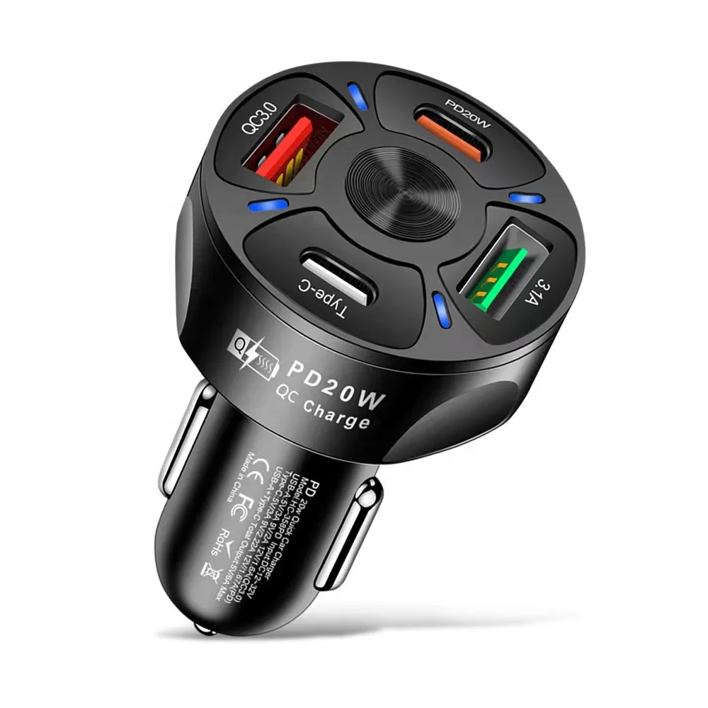 4 Ports 20W USB-C PD+QC 3.0 3.1A 2 USB+Type-c Fast Car Charger for iPhone/Samsung