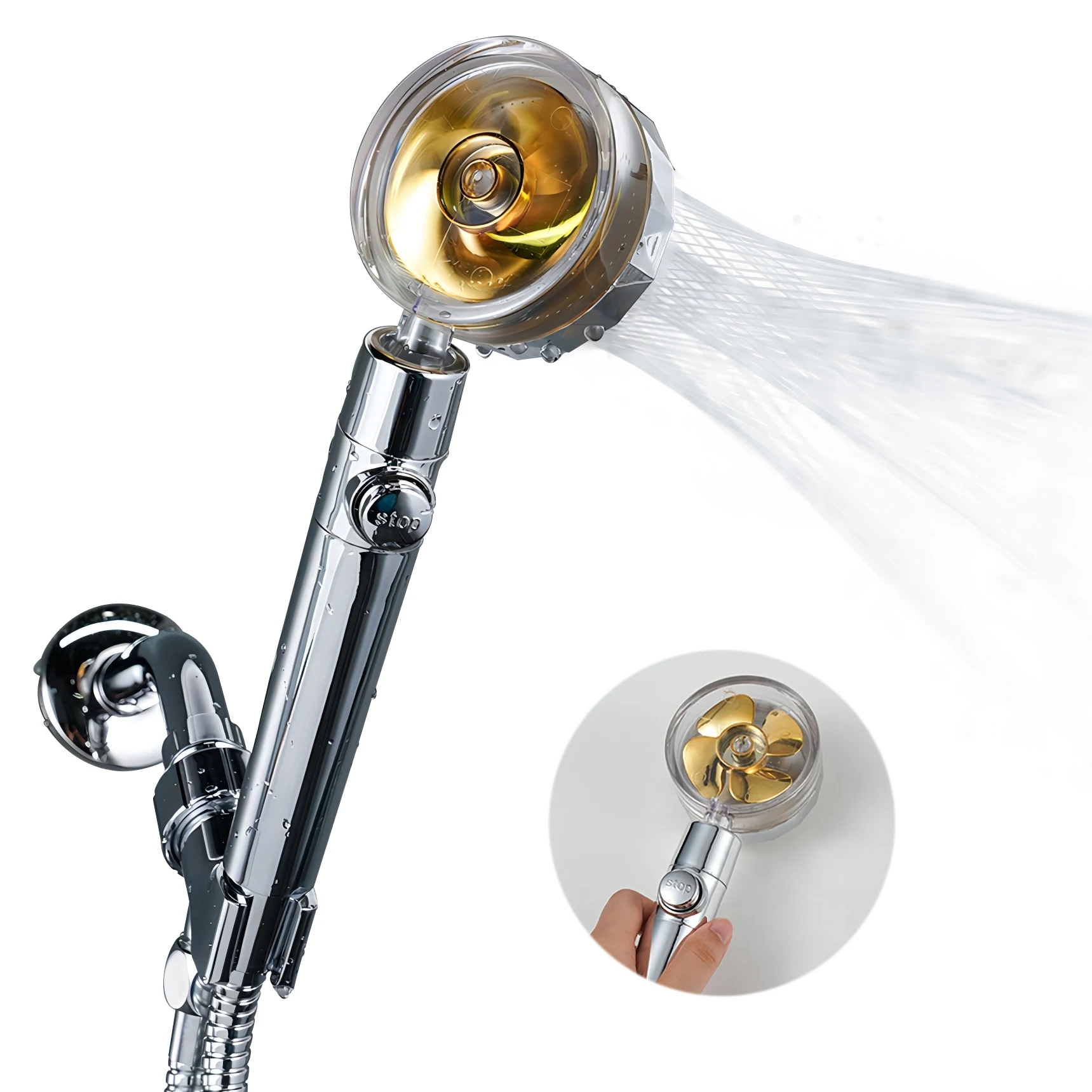 Bathroom Spa Chrome ABS Hand Held 360 Degree Spinning Removable Propeller Driven Shower Head