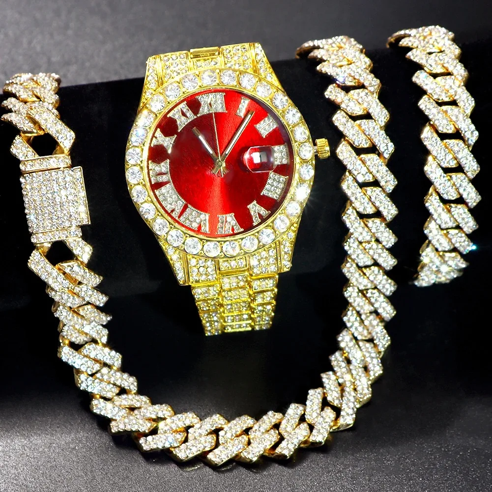 Hip Hop Watch+Bracelet+Necklace set Iced Out Watch For Men Cuban Chain Rapper Necklaces men watches Set Punk Party Jewelry Gift
