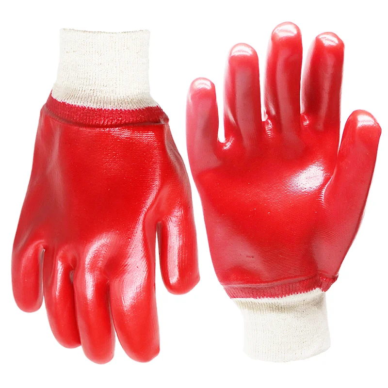 Chemical Resistant Protective Work Gloves With Knit Wrist Cuff Red PVC Safety Gloves Industrial PVC Coated Hand Gloves Red
