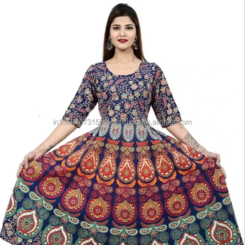 New Style Indian Mandala Print Cotton Maxi Dress for Women and Girls Traditional Design with Three Quarter Sleeves Size XL