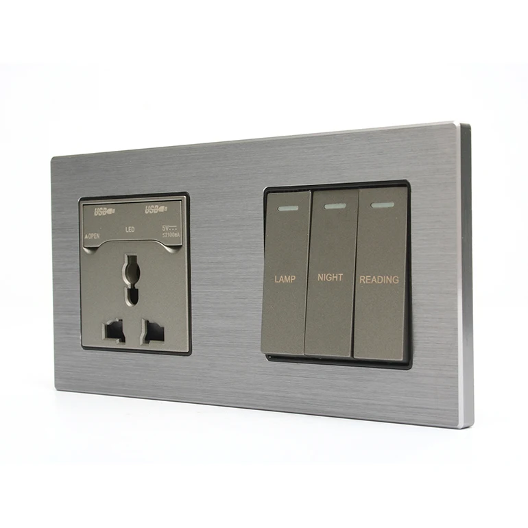 16A silver gray button wall switch, 2-gang modular usb socket switch,