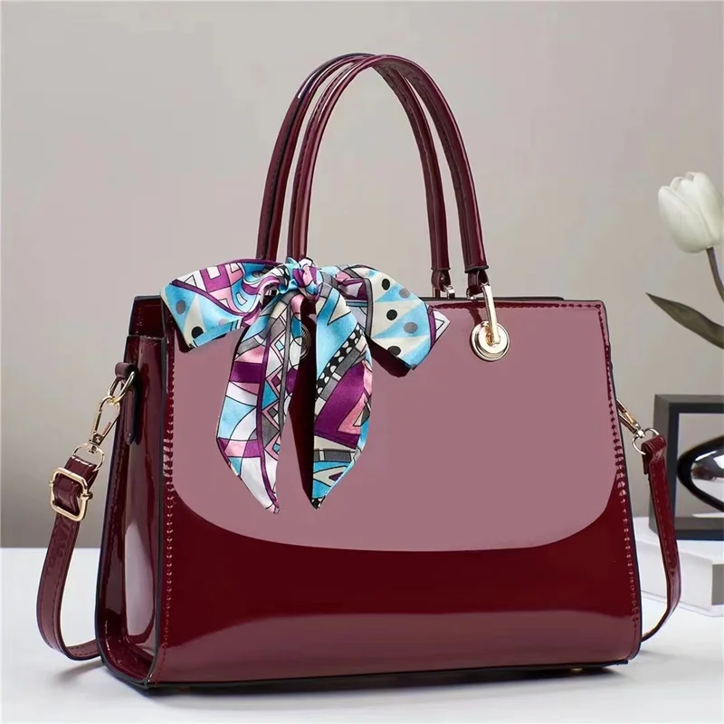 Versatile Solid Color 2024 New Bright Leather Large Capacity Middle Aged Mom One Shoulder Women Bags Handbags