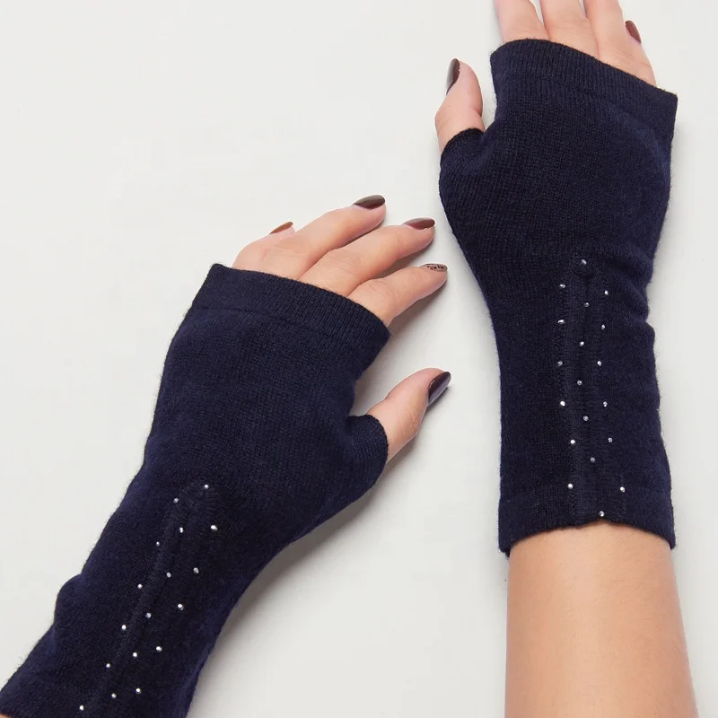 Women Knitted Pure Cashmere Merino Wool Fingerless Thumb Hole Arm Warmers Gloves Mittens Rhinestones