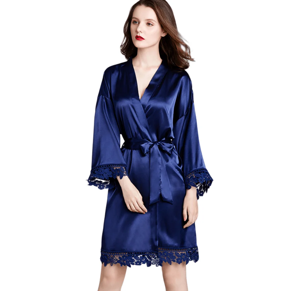 Custom Logo Pure Color Deluxe Adult Bridal Wedding Dressing Gown Satin Bridesmaid Robe