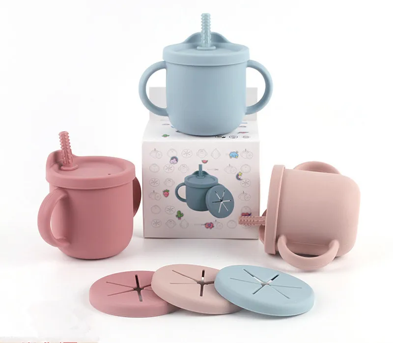 Eco friendly custom logo and color PBA free dishwasher 2 in 1 with straw food grade silicone sippy & snack cup