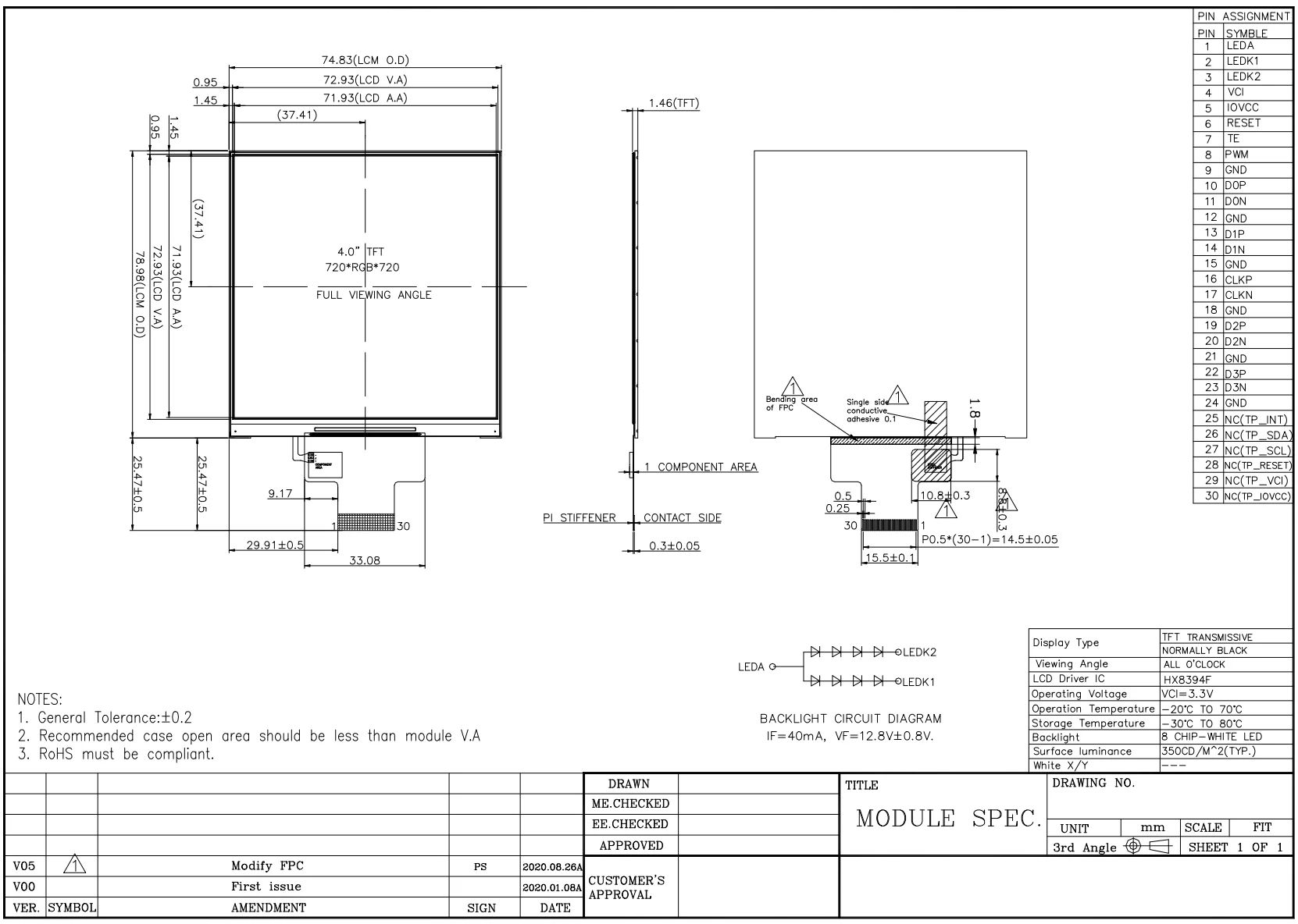 Hot sale quick delivery factory price small size  TFT LCD 720*720 MIPI interface 30 PIN IPS lcd display module 4 inch