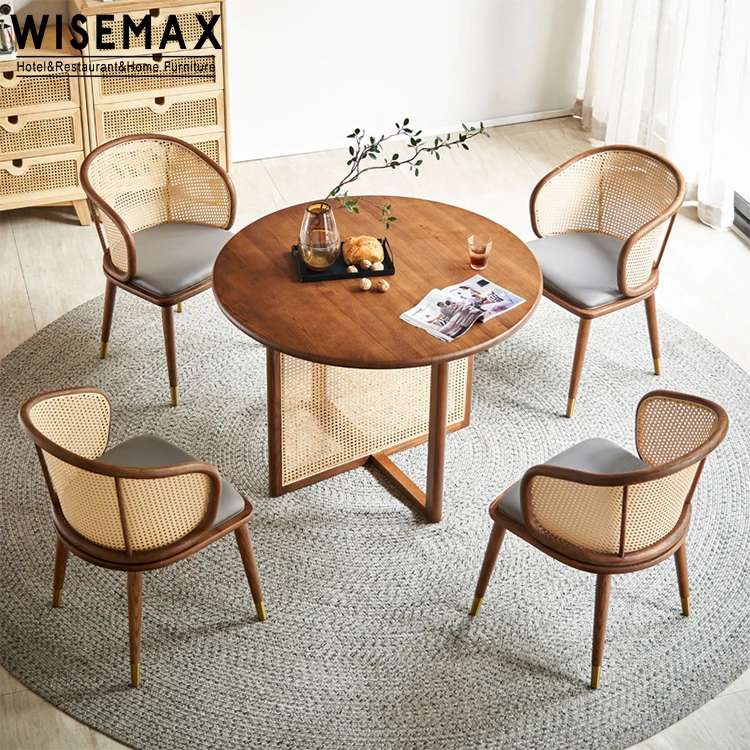 WISEMAX FURNITURE Wholesale dining room furniture solid wood frame rattan curved backrest dining chair (1600430260968)