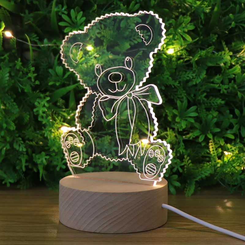 Home Decoration Lovely  Bear 3d Acrylic Table Lamp Usb Charge Acrylic Night Light With Wooden Base