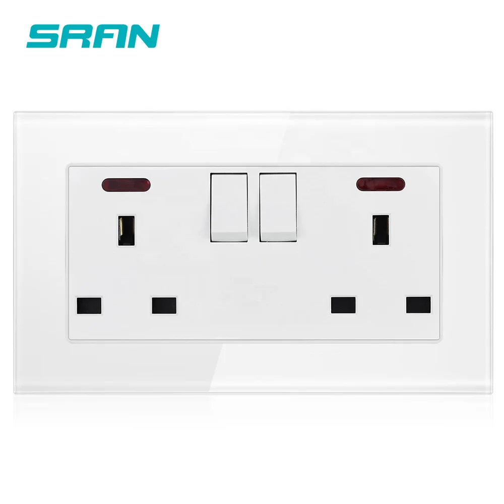 Tempered glass double UK 13A electric wall LED switch socket