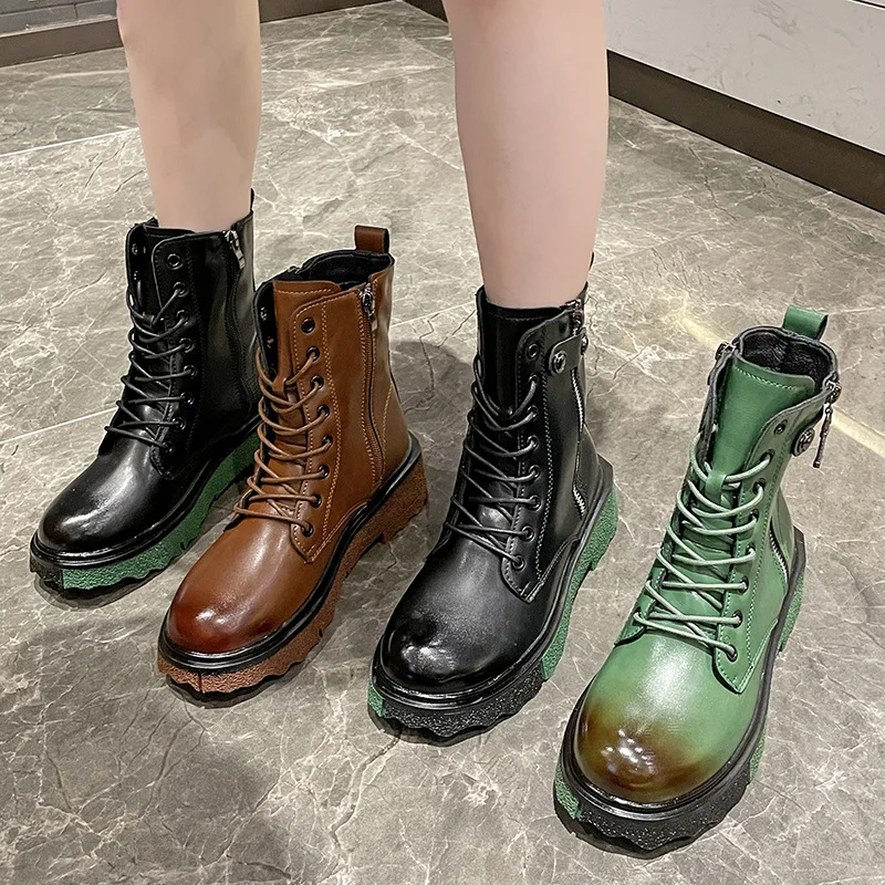 TX top quality  PU motocross tie up women Chunky ankle high top shoes side zipper motorcycle short boots for ladies