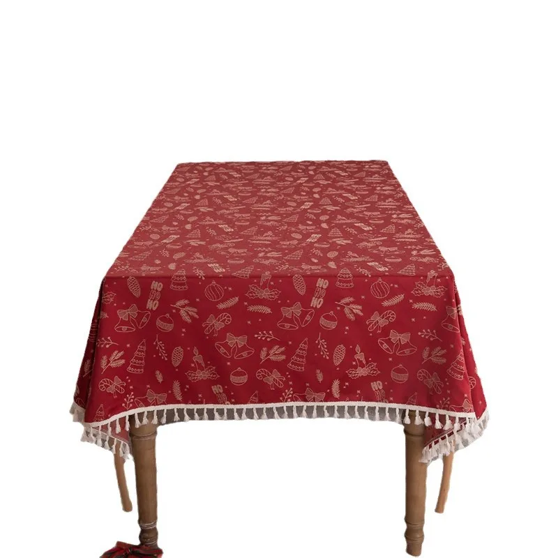 Cross-Border Christmas Waterproof  Red Knitted Christmas Tree Bell Deer Fringe Tablecloth Cover