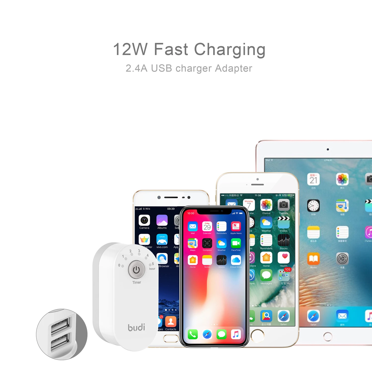 
Multi phone travel charger Led indicated 5v2.4a dual usb charger Timer 1 to 5H on/off time switching auto shut off power adapter 