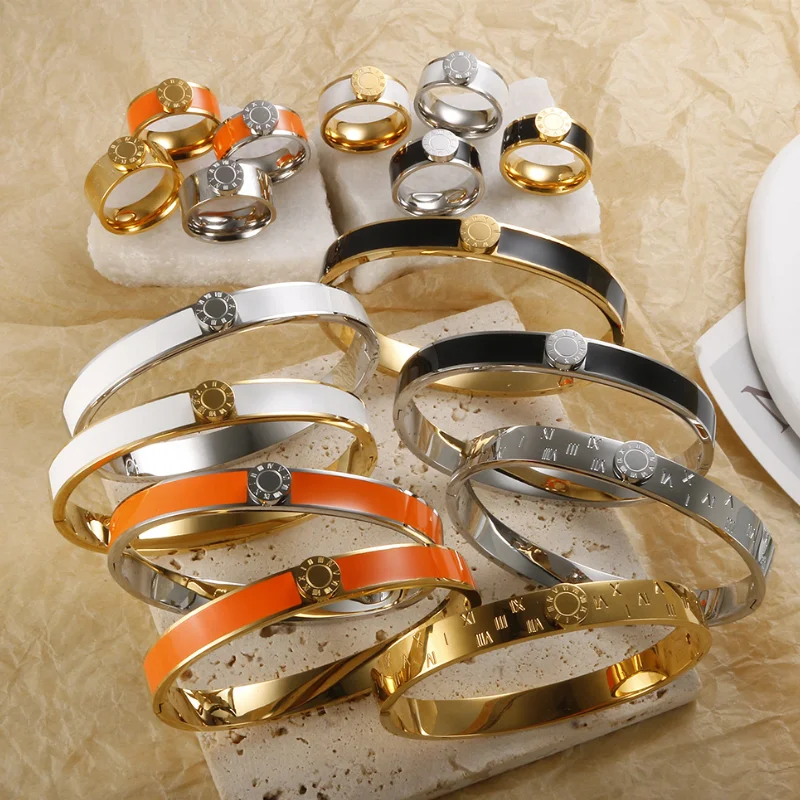 Ancient Rome Italy Bracelet Ring Set Retro Stainless Steel Fashion Accessories Circle Roman Numerals Color Drop Glue Jewelry Set