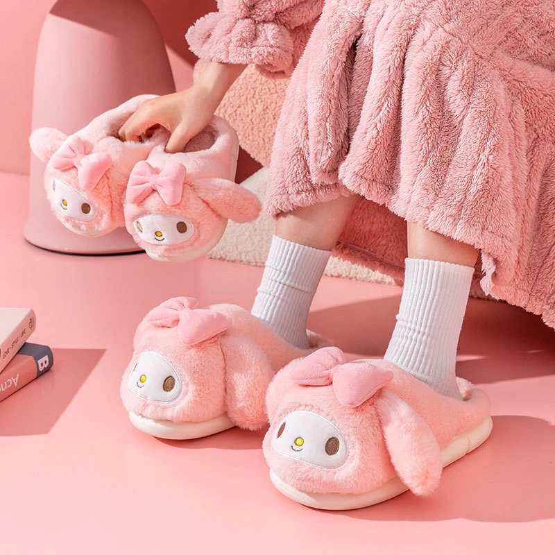 New Arrivals Winter Cotton House Plush My Melody Rabbit Cartoon Slides with Fur for Kids Mother Slippers Girl Shoes Wholesale