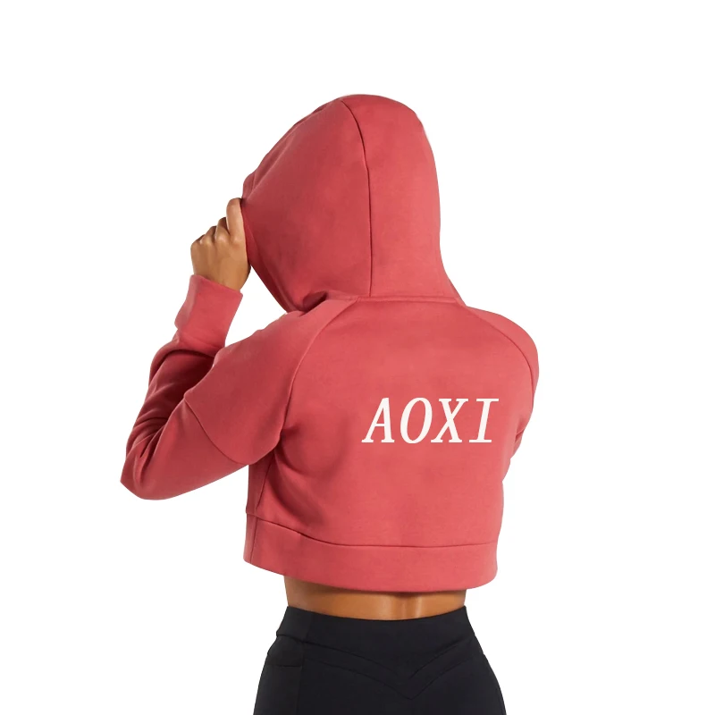 High Quality Custom Logo Terry Cotton Long Sleeve Crewneck Zip Up Sweatshirt White Crop Top Women Hoodie For Gym
