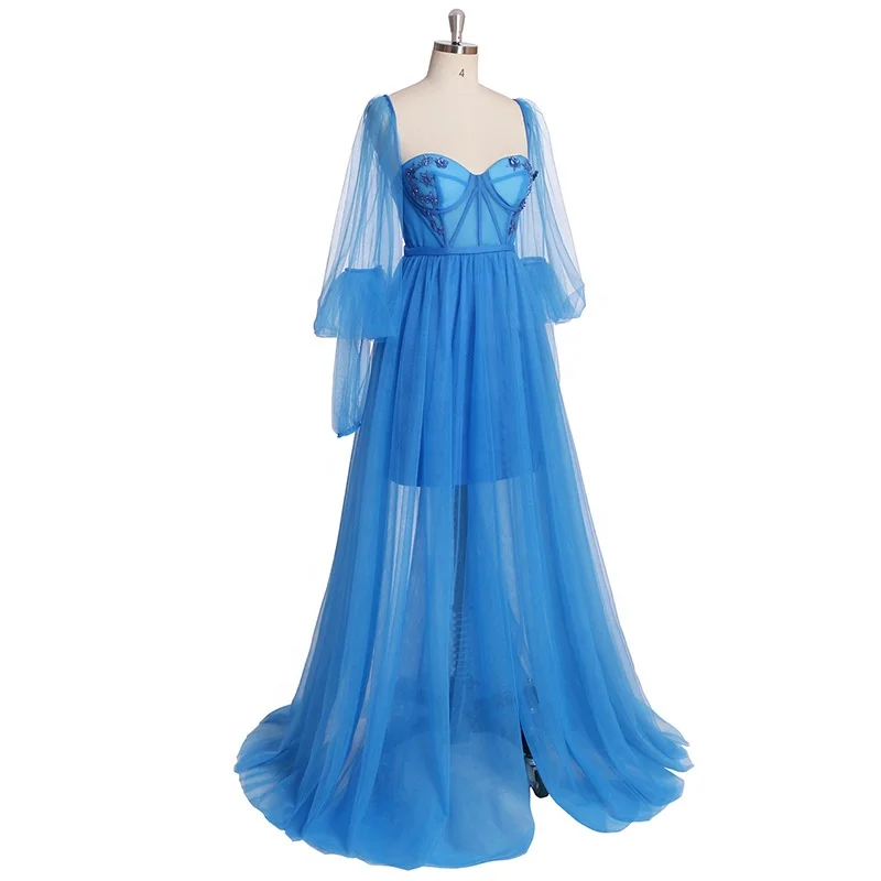 OEM Wholesale Blue Puffy Sleeve Corset Prom Dresses Women Sweetheart Tulle Ball Gown Slit Formal Evening Gown Princess Dress