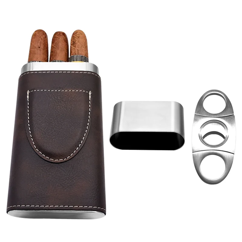 Vanace Chinese factory travel leather cigar case Travel Humidor Cabinet Luxury 3 Finger Leather Cigar Case with Cutter