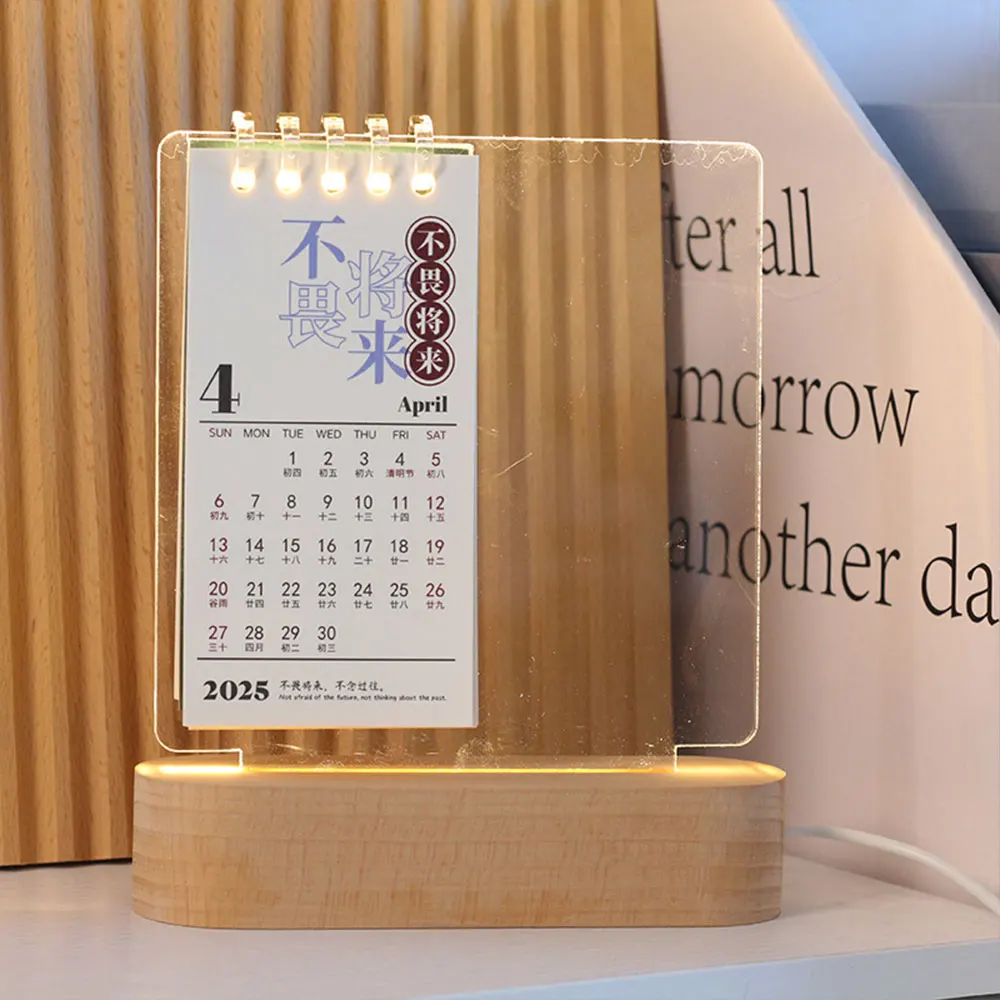 2025 Acrylic Night Light Desk Calendar Creative Wooden Acrylic Desktop Calendar With Erasable Message Board