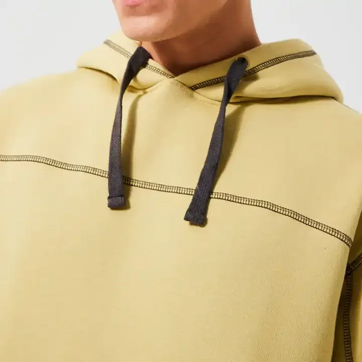 Wholesale High Quality 500gsm Heavyweight Fleece Relaxed Fit  Mens Drop Shoulder Contrast Stitch Hoodie With String