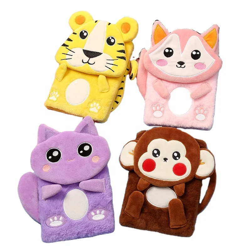 BSCI factory custom cat panda unicorn girls colorful cute furry fluffy plush pen diary journal notebook