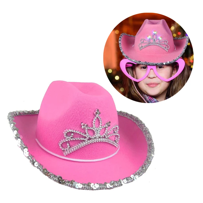 Качественные розовые пайетки Cowgirl для карнавала светодиодные неоновые огни которые светятся праздничная китайская промо ковбойская шляпа с короной