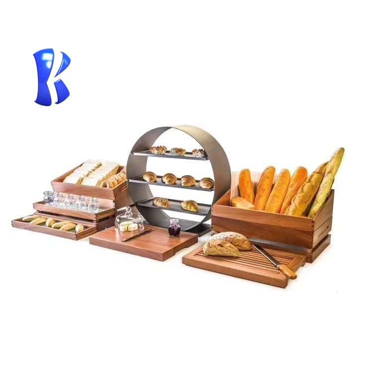 OKEY 5 star  hotel wood cake dessert display stand luxury tableware square rack elevation wooden buffet rack
