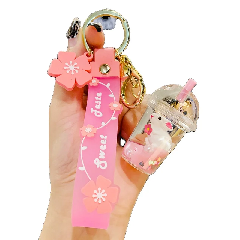 Custom Cute Rabbit Keychains Animal Liquid Boba Floating Liquid Keychain