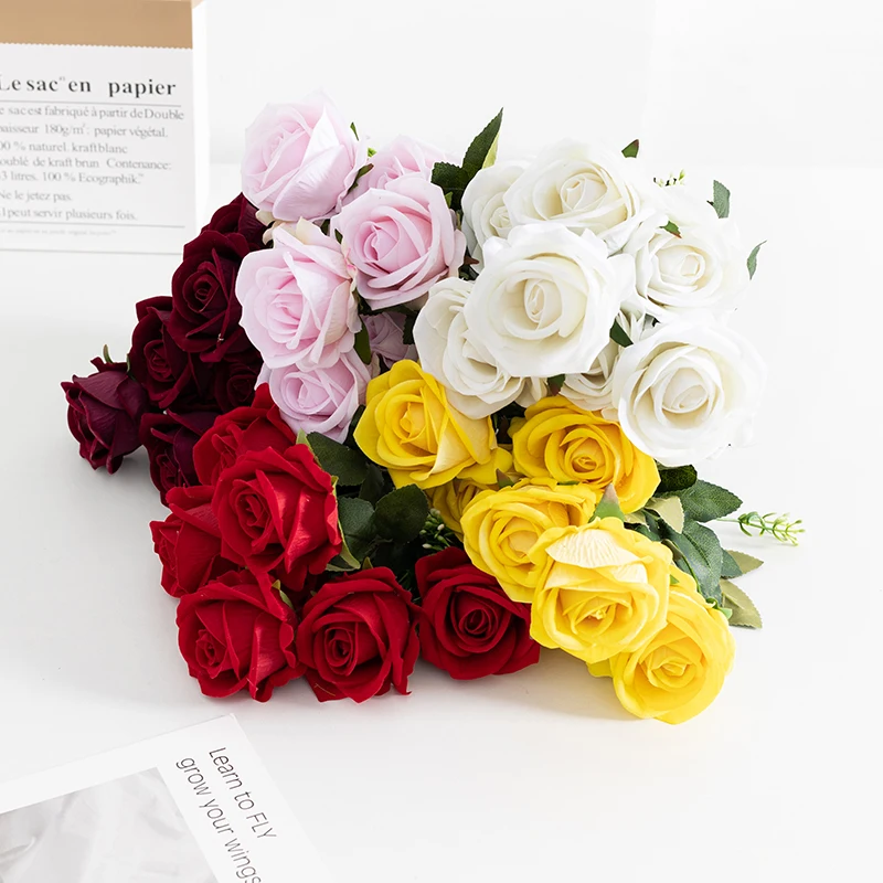 High Quality Artificial Rose Flowers 7 Heads Velvet Rose Flower Bouquet For Wedding Decoration Valentines Day