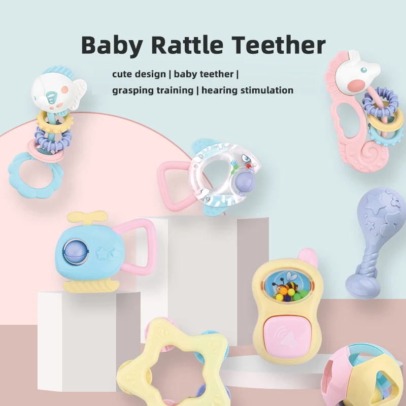 12 pcs Baby Teether Toy Rattle Set Toys Play Set Sonajas Silicone Teething Rattle Soft Rattle Tether