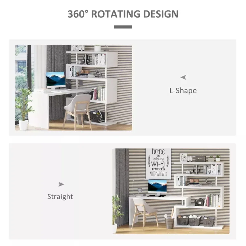 Modern Office Furniture 5 Tier L-Shaped 360 Degree Rotating Versatile Computer Desk With MDF Shelves And Steel Frame - White