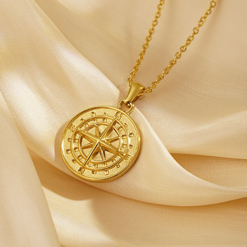 Compass stainless steel gold plated necklace for men and women