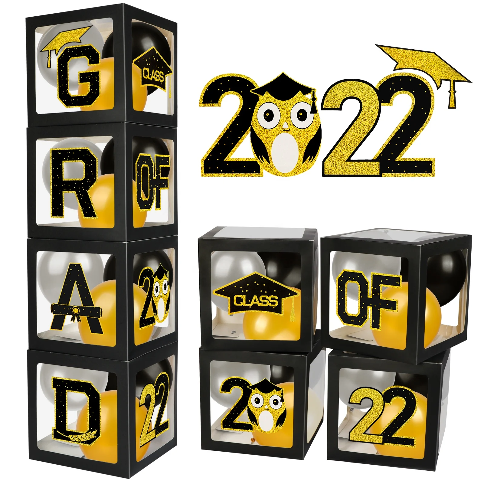 Ourwarm Custom Graduation Party Supplies Gifts Sets Black Gold Blocks Decoration Graduation Balloon Boxes with Led